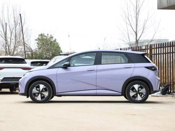 Side detail view of a lavender BYD Dolphin electric car with a wooden fence in the background.