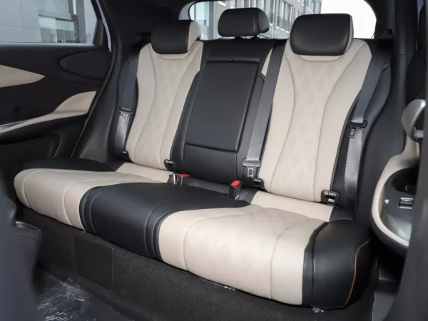 Detailed image of the interior rear seats of the BYD Dolphin electric car, trimmed in cream and black.