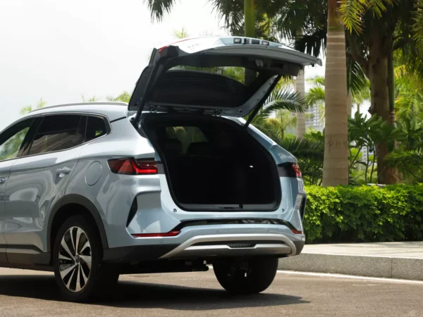 A picture of the open trunk at the rear of a BYD Song Plus electric car, with the vehicle parked on the side of the road and a couple of coconut trees on the street.