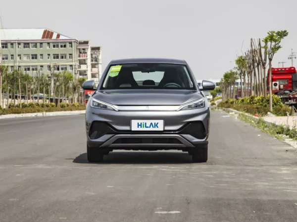 A close-up picture of a silver-gray BYD Yuan Plus electric car right in front.