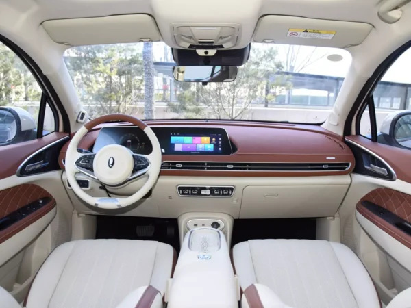 A close-up view of the interior cab of an Ora Funky Cat electric car, decorated in brown and white.