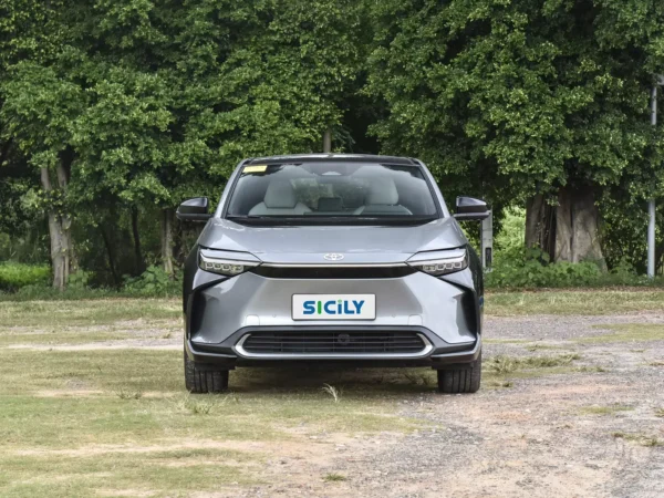 Close-up of the front of the 2024 gray Toyota BZ4x.