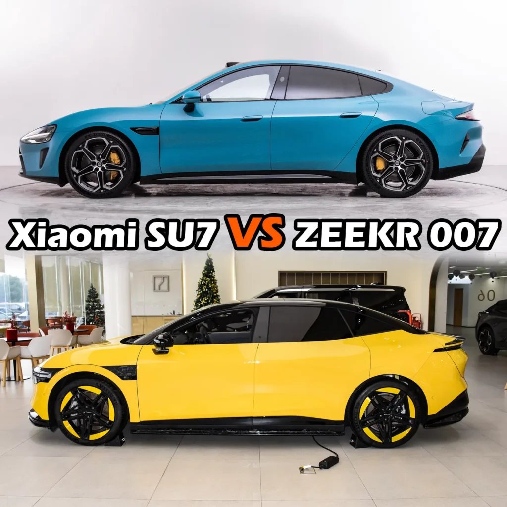 A light blue Xiaomi SU7 electric car vs a yellow Zeekr 007 electric car