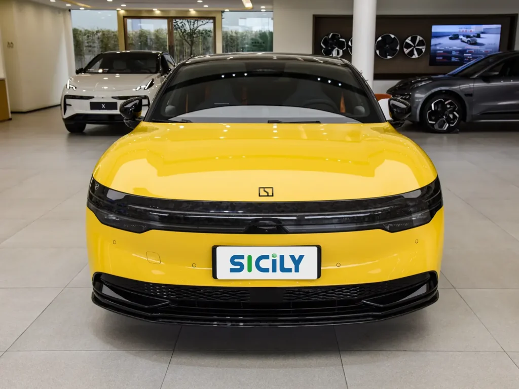 A front of a yellow Zeekr 007 electric car