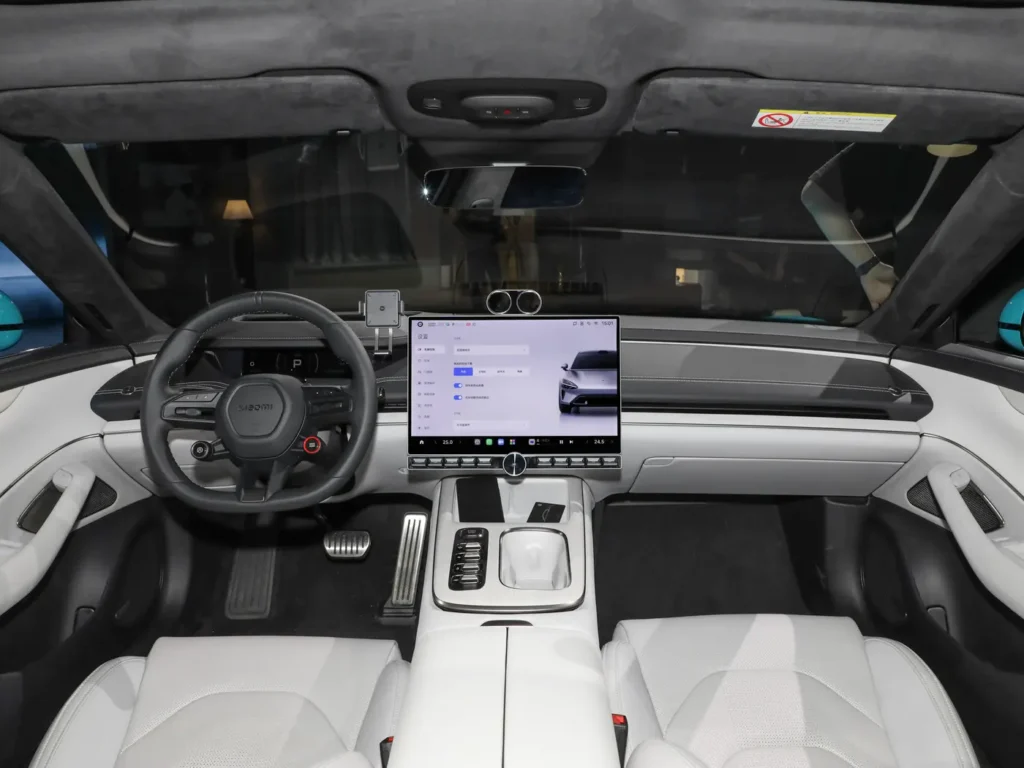 A white interior of Xiaomi SU7 electric car