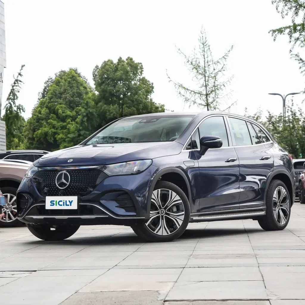 A blue Benz EQE SUV parked on the ground